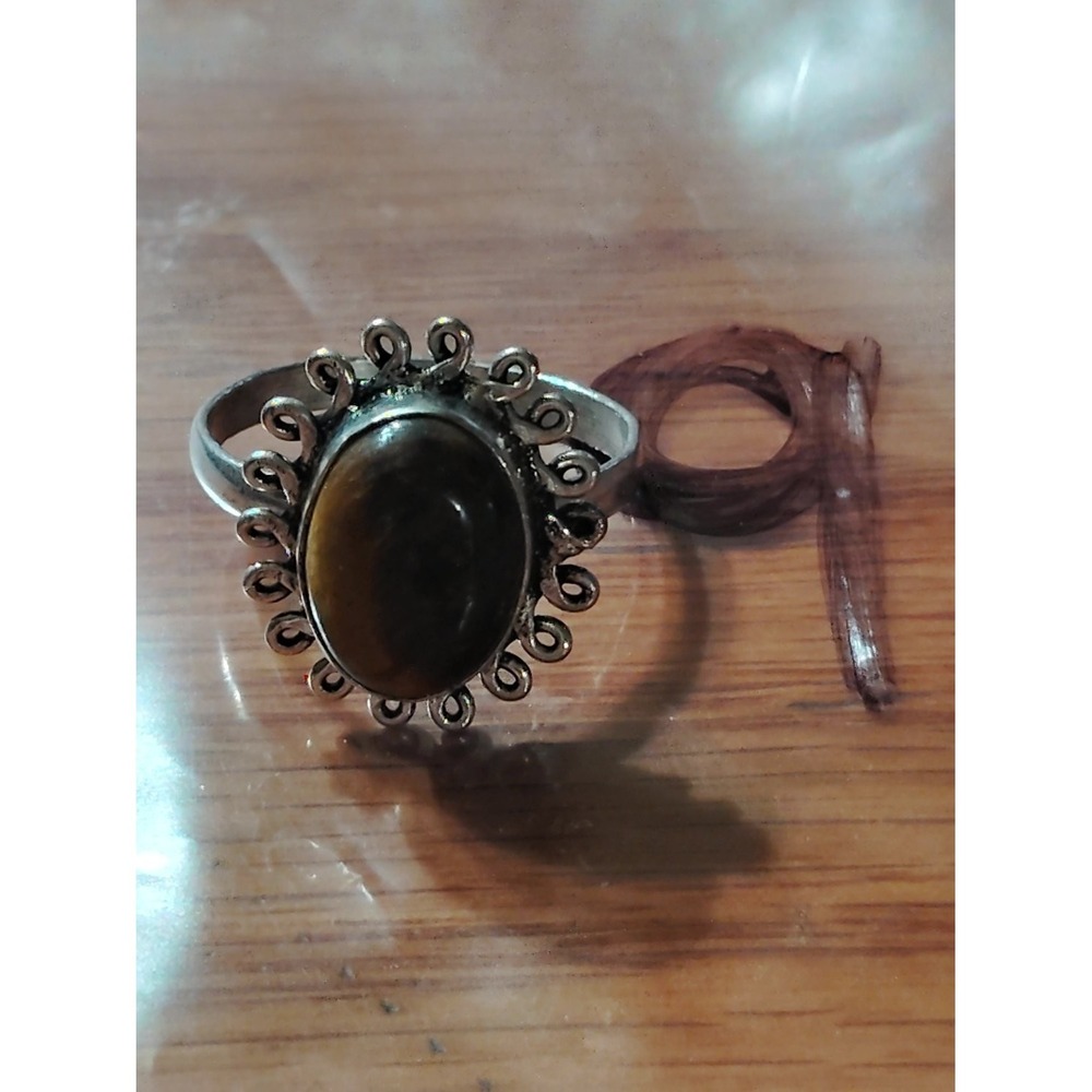 Vintage 925 Sterling Silver Oval Tigers Eye Filigree Halo Ring Size 10 Brown